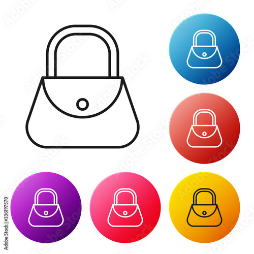 Black line Handbag icon isolated on white background. Female handbag sign. Glamour casual baggage symbol. Set icons colorful circle buttons. Vector Illustration