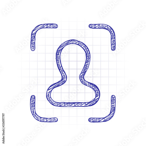 Take a photo, man in autofocus, outline linear icon. Hand drawn sketched picture with scribble fill. Blue ink. Doodle on white background