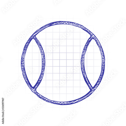 Tennis ball, sport game, outline linear icon. Hand drawn sketched picture with scribble fill. Blue ink. Doodle on white background