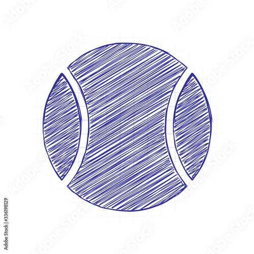 Tennis ball, sport game, simple icon. Hand drawn sketched picture with scribble fill. Blue ink. Doodle on white background