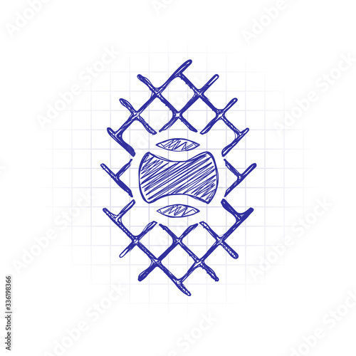 Tennis ball and grid, sport game icon. Hand drawn sketched picture with scribble fill. Blue ink. Doodle on white background