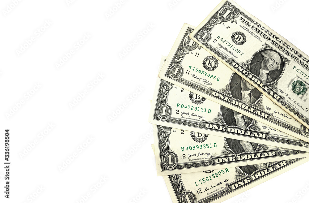 Fan-shaped dollars on a white background. Business concept. One dollar banknotes. Copy space. Place for text. Fan-shaped dollars on a white background. Business concept. One dollar banknotes. Copy space. Place for text.