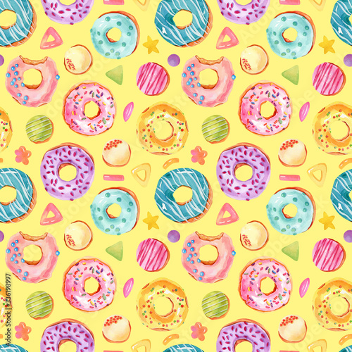 Hand painted bright watercolor donuts seamless pattern