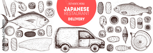 Sushi and rolls vector illustration. Hand drawn sketch. Delivery truck hand drawn. Japanese food menu design. Vintage vector elements for japanese cuisine menu. Food and drink collection. Sushi sketch