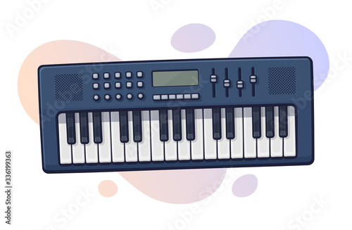 Vector illustration. Electronic keyboard musical instrument synthesizer. Modern electro piano. Pop, disco, dance, jazz equipment. Clip art with contour for graphic design. Isolated on white background