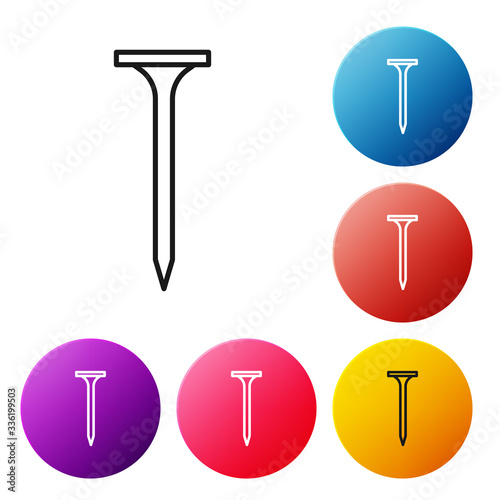 Black line Metallic nail icon isolated on white background. Set icons colorful circle buttons. Vector Illustration