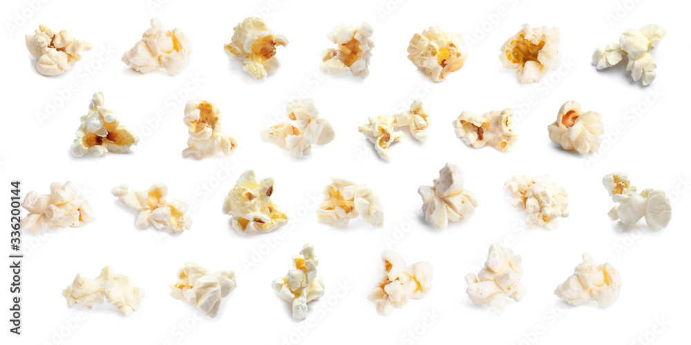 Set of delicious popcorn on white background. Banner design