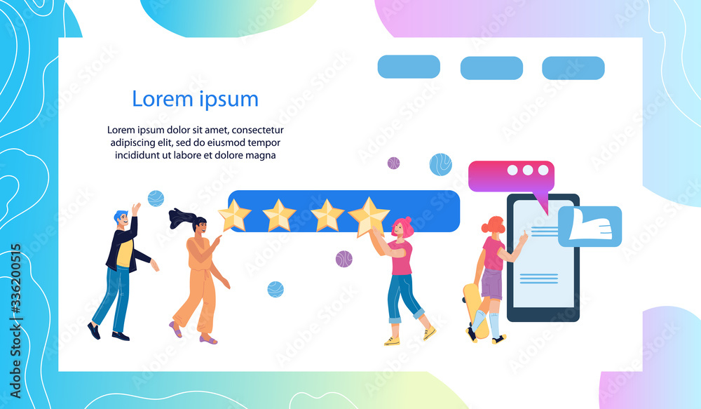 Web banner for rating and customers feedback, online comment and clients support service. People giving five star positive rating to company or internet store. Flat vector illustration. Web banner for rating and customers feedback, online comment and clients support service. People giving five star positive rating to company or internet store. Flat vector illustration.