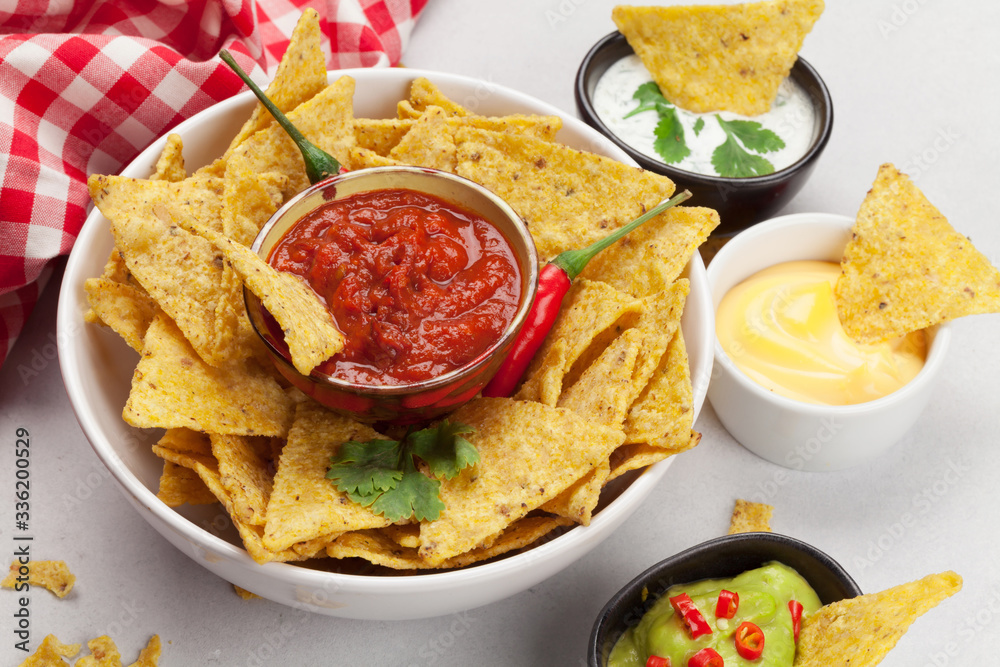 Mexican nachos chips and sauces Mexican nachos chips and sauces