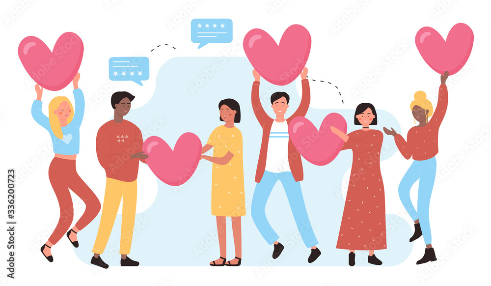 I love social media concept with people and hearts. I like it character flat vector illustration I love social media concept with people and hearts. I like it character flat vector illustration