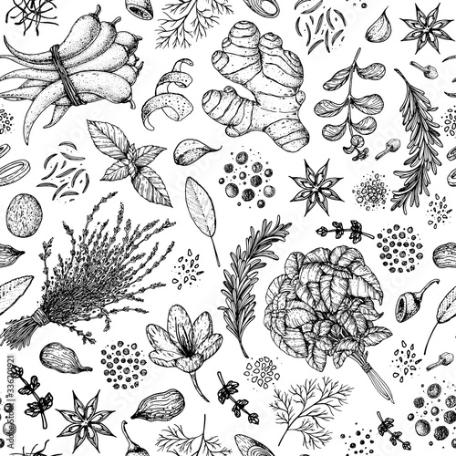 Herbs and spices seamless pattern. Hand drawn vector illustration. Sketch design. Engraved spice. Basil, garlic, cardamom, sage, rosemary, anise, pepper, marjoram, mint, thyme, ginger.