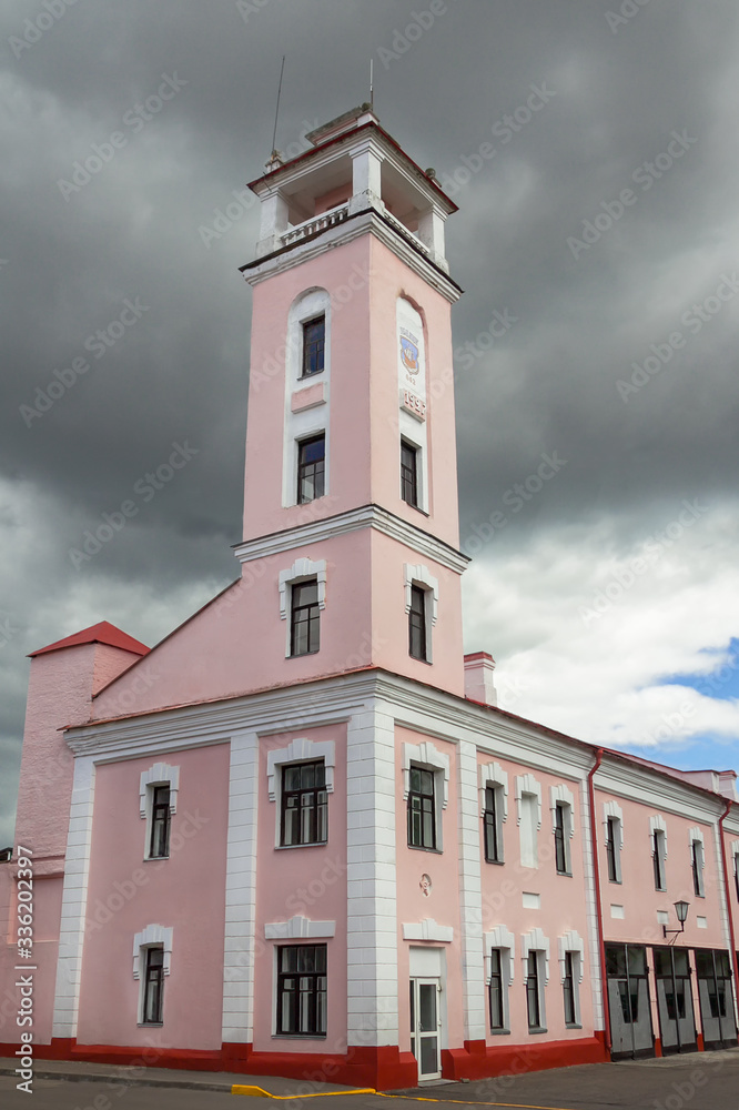Polotsk Belarus, fire tower. View from the corner of the building