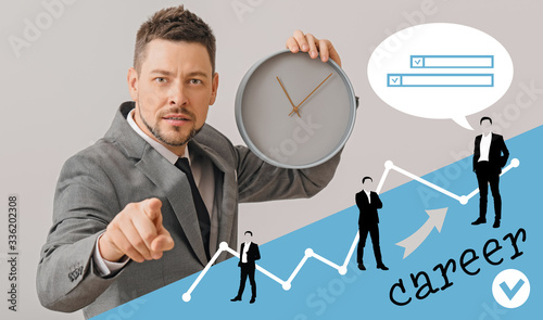 Businessman with clock on light background. Concept of career growth