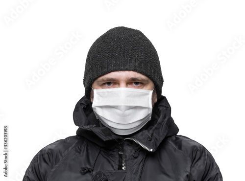 Man in medical mask isolated on white background