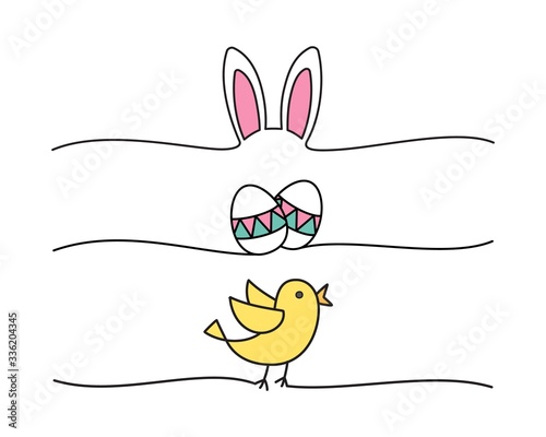 Doodle Easter bunny ears, colored eggs and chick scribble banner