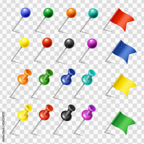 Colored pins, flags and tack pointer. Pinned markers vector set. Office supplies