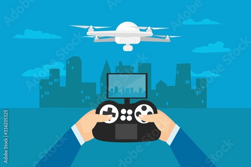 Cartoon person using flying drone