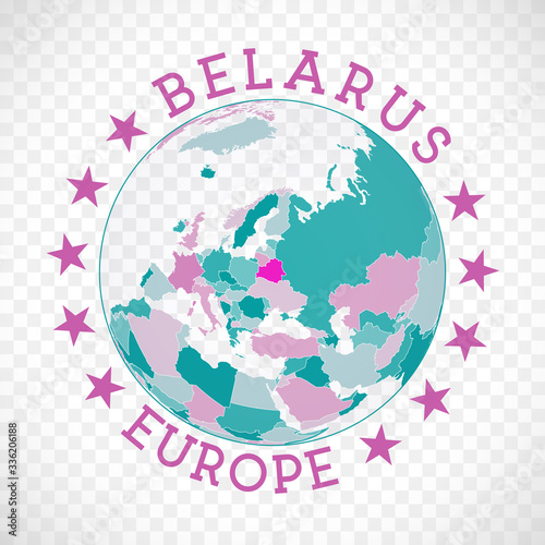 Belarus round logo. Badge of country with map of Belarus in world context. Country sticker stamp with globe map and round text. Radiant vector illustration.