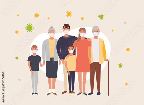 Family wearing protective Medical mask for prevent virus Wuhan Covid-19.