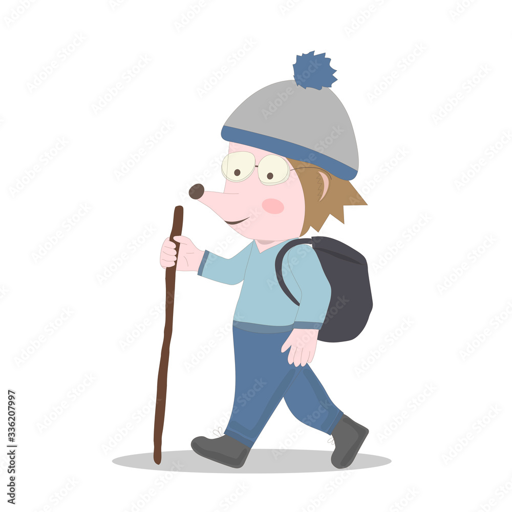 Doodle vector with hedgehog traveler in cartoon style. Animal illustration. Character hedgehog carries a backpack. Isolated on white background Doodle vector with hedgehog traveler in cartoon style. Animal illustration. Character hedgehog carries a backpack. Isolated on white background