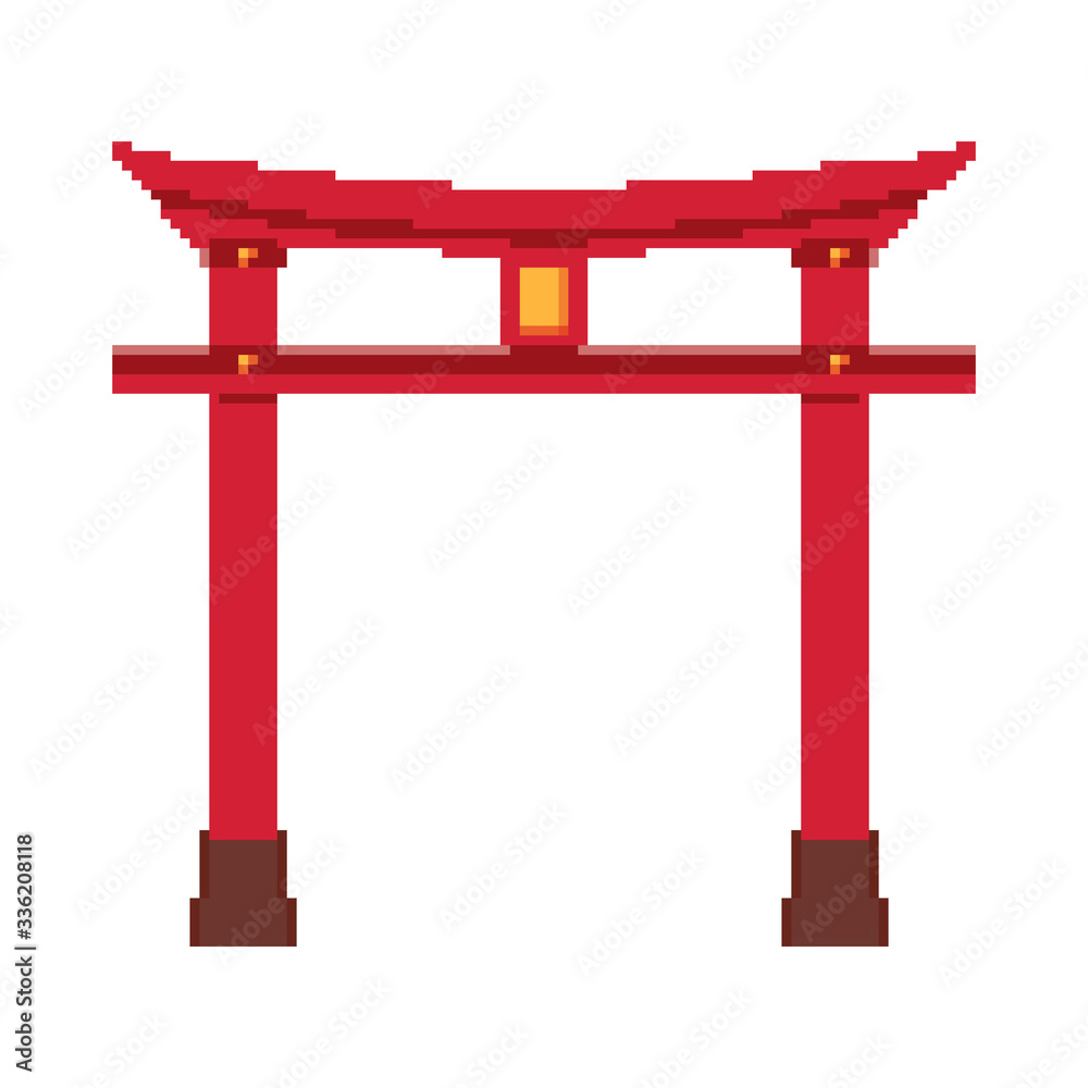 Pixel red Japanese gate. Pixel art 8 bit vector illustration. Stock