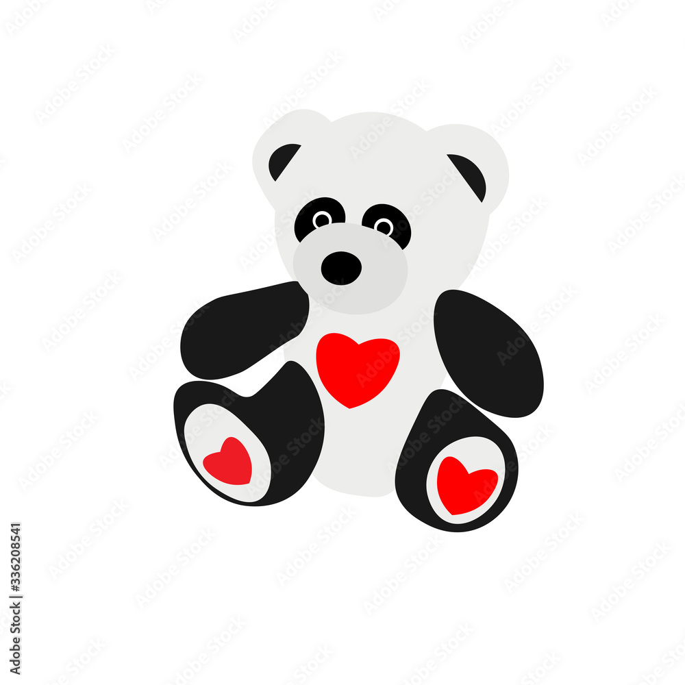 Vector panda bear holding heart isolated on white background. Cute baby panda with heart. Flat stock vector illustration. Vector panda bear holding heart isolated on white background. Cute baby panda with heart. Flat stock vector illustration.