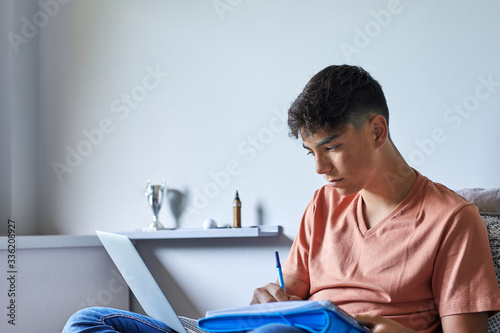 Teenager studying using laptop