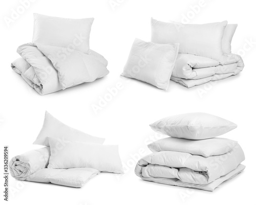Fototapeta Naklejka Na Ścianę i Meble -  Collage of different soft pillows on white background