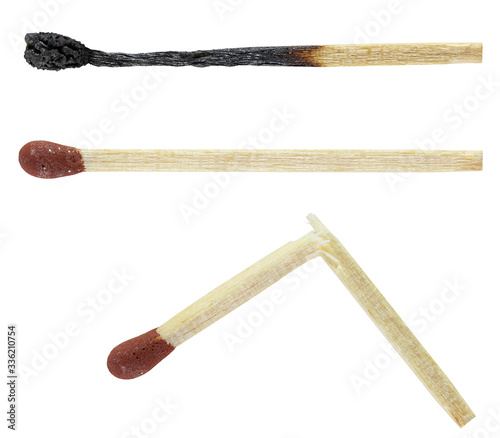 Intact, broken and burned safety match. Objects isolated on a white