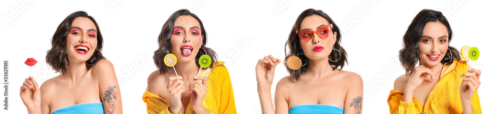 Beautiful young woman with lollipops on white background Beautiful young woman with lollipops on white background