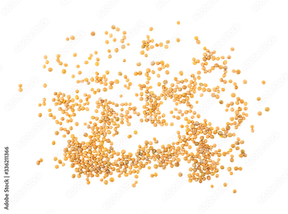 Heap of yellow mustard seeds isolated on a white background, top view. Heap of yellow mustard seeds isolated on a white background, top view.