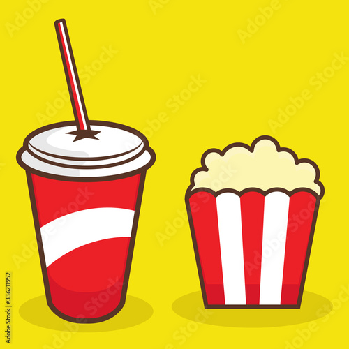 Popcorn and Soft Drink on Yellow Background