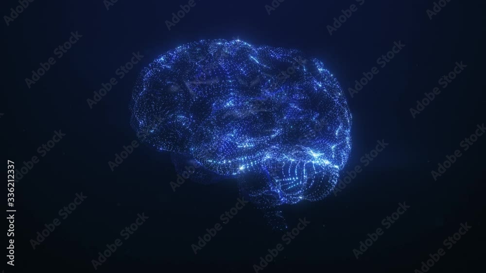 3D render of human brain side view. Blue particles follow brain structure, neuronal and synapse activity, thinking, Artificial Intelligence and deep learning, digital brain with electrical impulses