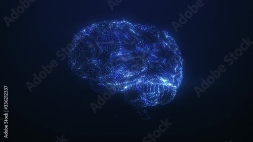 3D render of human brain side view. Blue particles follow brain structure, neuronal and synapse activity, thinking, Artificial Intelligence and deep learning, digital brain with electrical impulses
