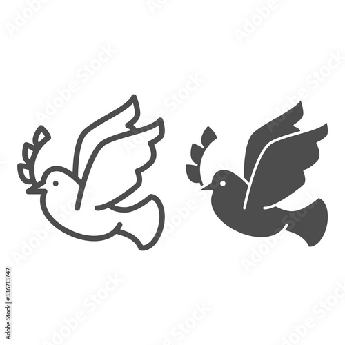 Dove with wreath branch line and solid icon. Pigeon carries an olive branch outline style pictogram on white background. Easter and bird dove peace for mobile concept and web design. Vector graphics.