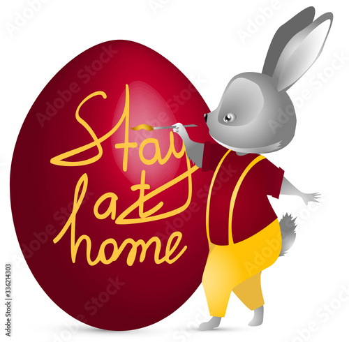 Coronavirus covid-19 and Easter. Easter egg and rabbit. The inscription on the egg "Stay at home". Concept on Easter 2020 and the coronavirus pandemic. Vector