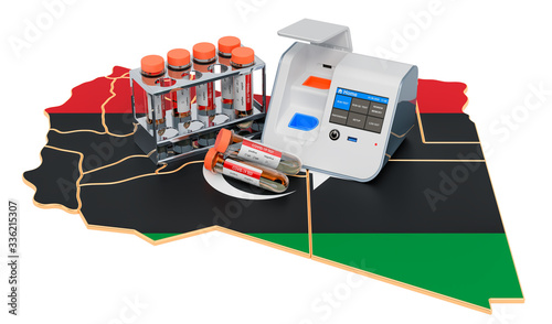 COVID-19 testing in Libya concept. Lab-in-a-box test with nasal swab test tubes on the Libyan map. 3D rendering
