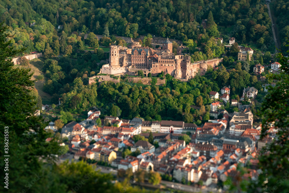 Aerial view of the old town of Heidelberg with Heidelberg castle, Baden-Württemberg, Germany