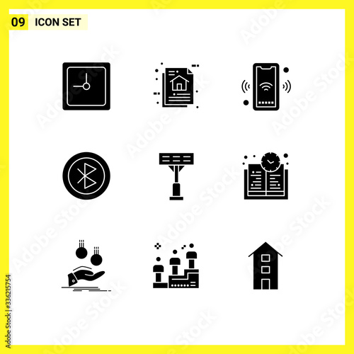 Group of 9 Modern Solid Glyphs Set for sharing, devices, phone, computer, smart photo