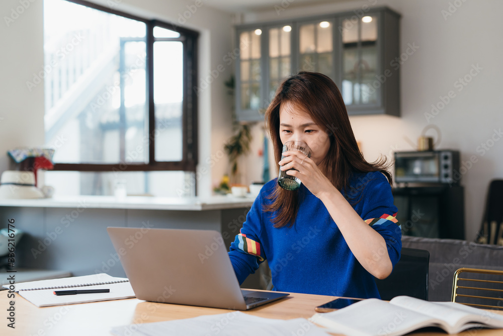 Young Asian woman working with computer at home Young Asian woman working with computer at home