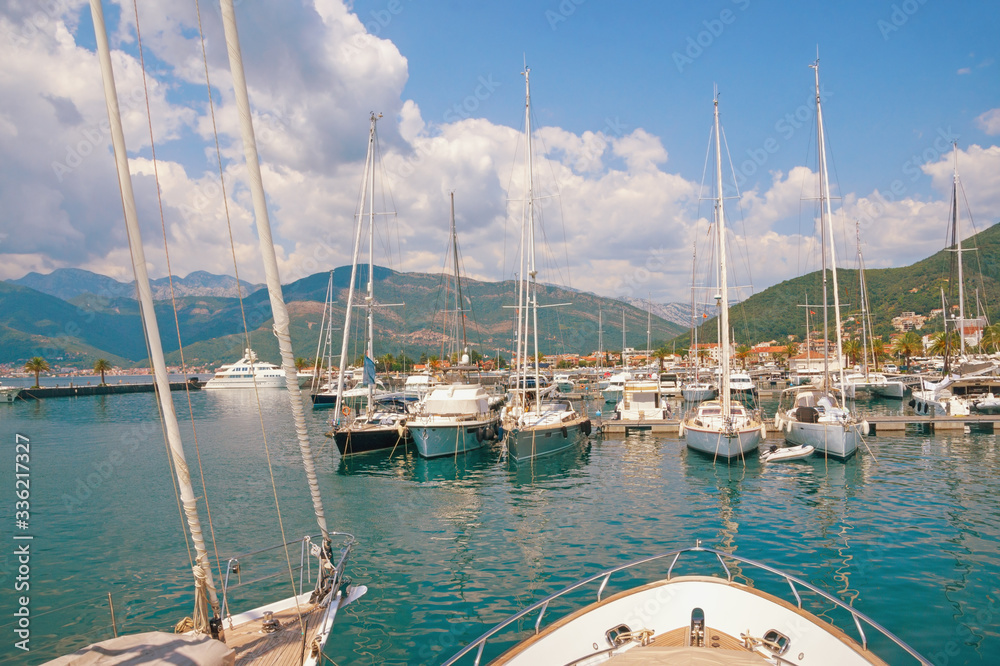 Yacht marina. View of marina of Porto Montenegro on sunny summer day.  Montenegro, Adriatic Sea, Bay of Kotor, Tivat city