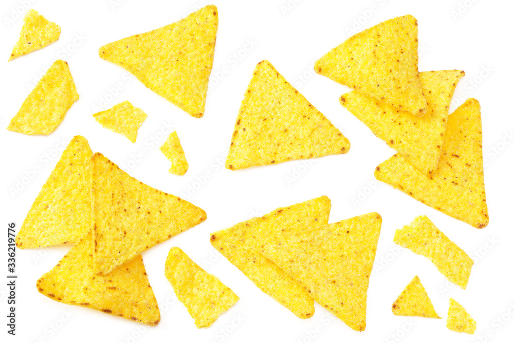 corn chips nachos isolated on white background. top view corn chips nachos isolated on white background. top view