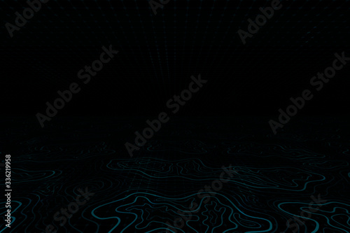 Fototapeta Naklejka Na Ścianę i Meble -  Abstract Panoramic Black and Blue Geometric Pattern with Stripes. Spotted Futuristic Background. Vector. 3D Illustration