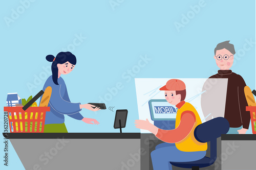 Mobile payments at supermarket checkout. Woman paying wireless with her smartphone, Cashier accepting paymen. Concept of mobile payment, paypass, NFC and wireless banking transactions.