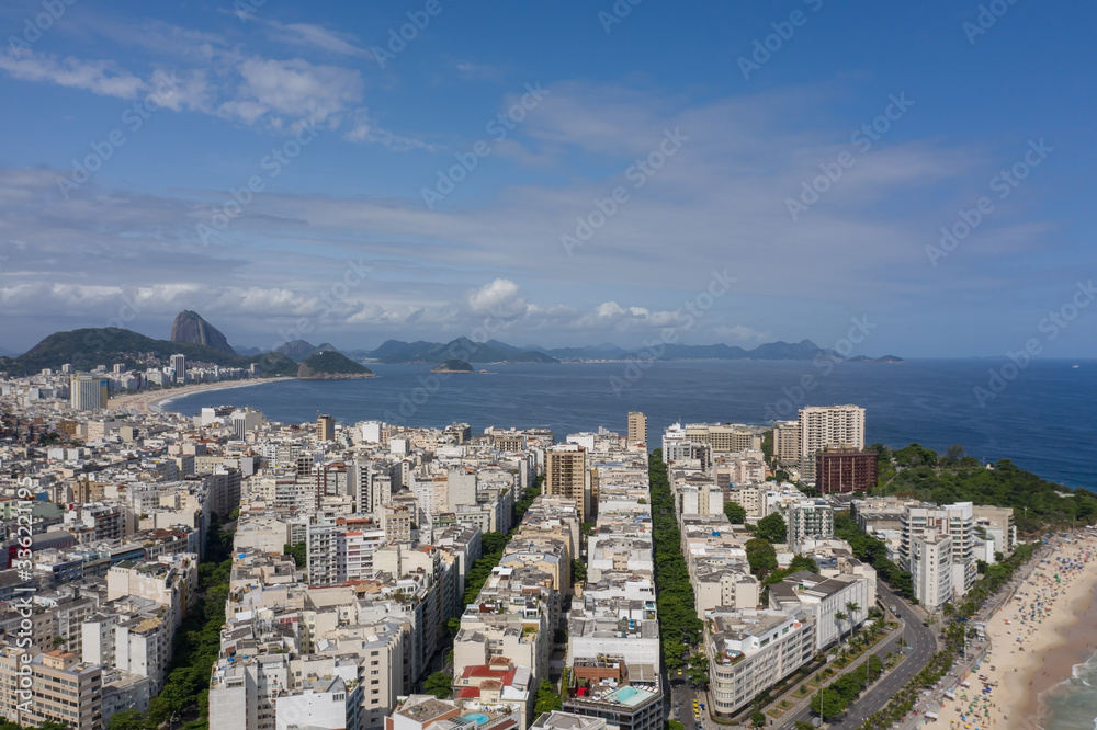 Drone shot of Rio de Janeiro and Copacabana beach in the summer