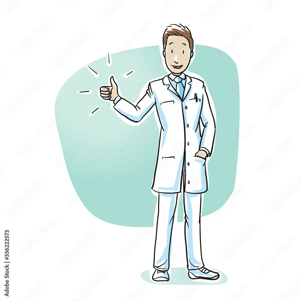 Scientist or pharmacist looking happy showing thumb up. Hand drawn cartoon sketch vector illustration, whiteboard marker style coloring. Scientist or pharmacist looking happy showing thumb up. Hand drawn cartoon sketch vector illustration, whiteboard marker style coloring.