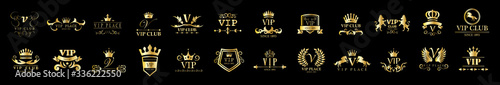 Golden Vip Logo Set - Isolated On Black Background, Vector Illustration. Icons Collection Of Golden Vip Logo, Gold Emblem And Label. Useful For Badge, Seal And Design Template. Luxury Logo Vector