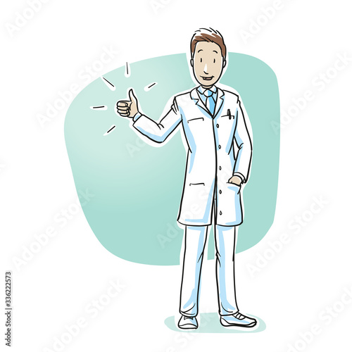 Scientist or pharmacist looking happy showing thumb up. Hand drawn cartoon sketch vector illustration, whiteboard marker style coloring. 