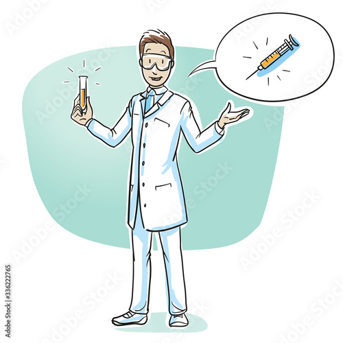 Scientist with test tube and speech bubble with vaccination or injection icon. Hand drawn cartoon sketch vector illustration, whiteboard marker style coloring. 
