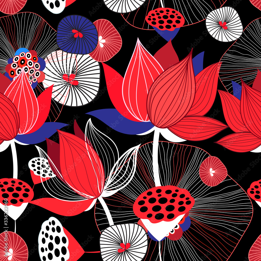 Fototapeta premium Seamless bright floral background with red lotuses